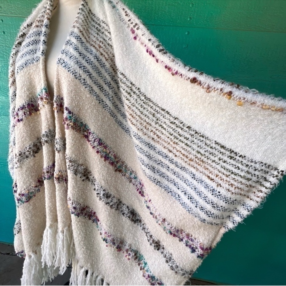 Anthropologie Striped Fringe Cardigan Poncho One Size